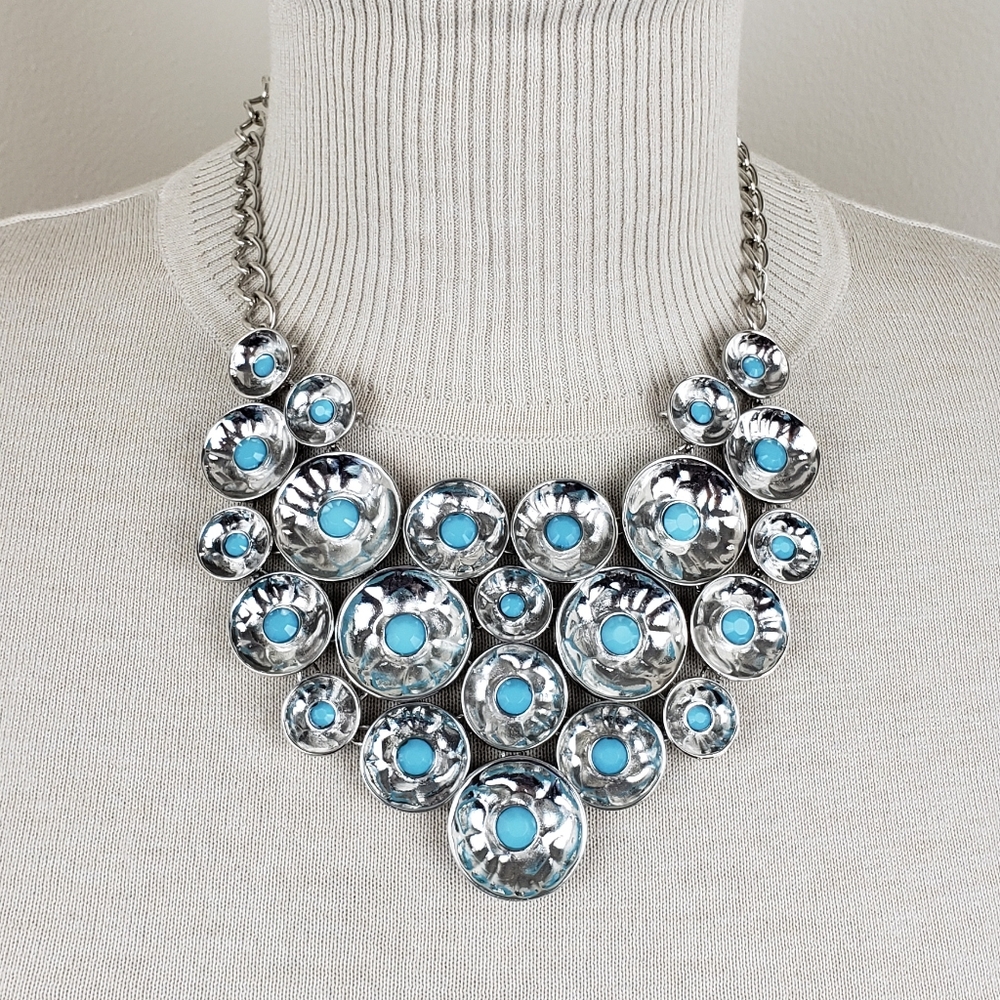 Turq & Rhodium Statement Neck & Ear Set